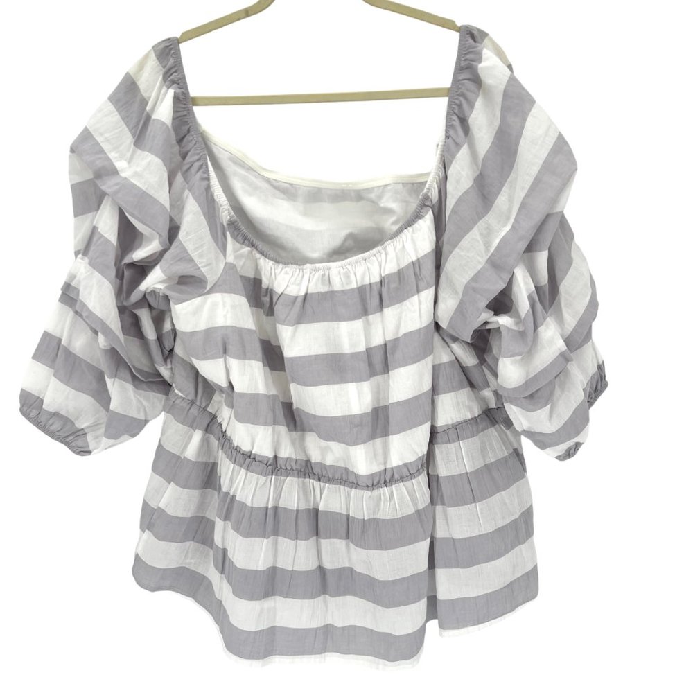 Lane Bryant Striped Off Shoulder Gray White Gathered Puff 3/4 Sleeve Size 26/28 - Picture 3 of 9